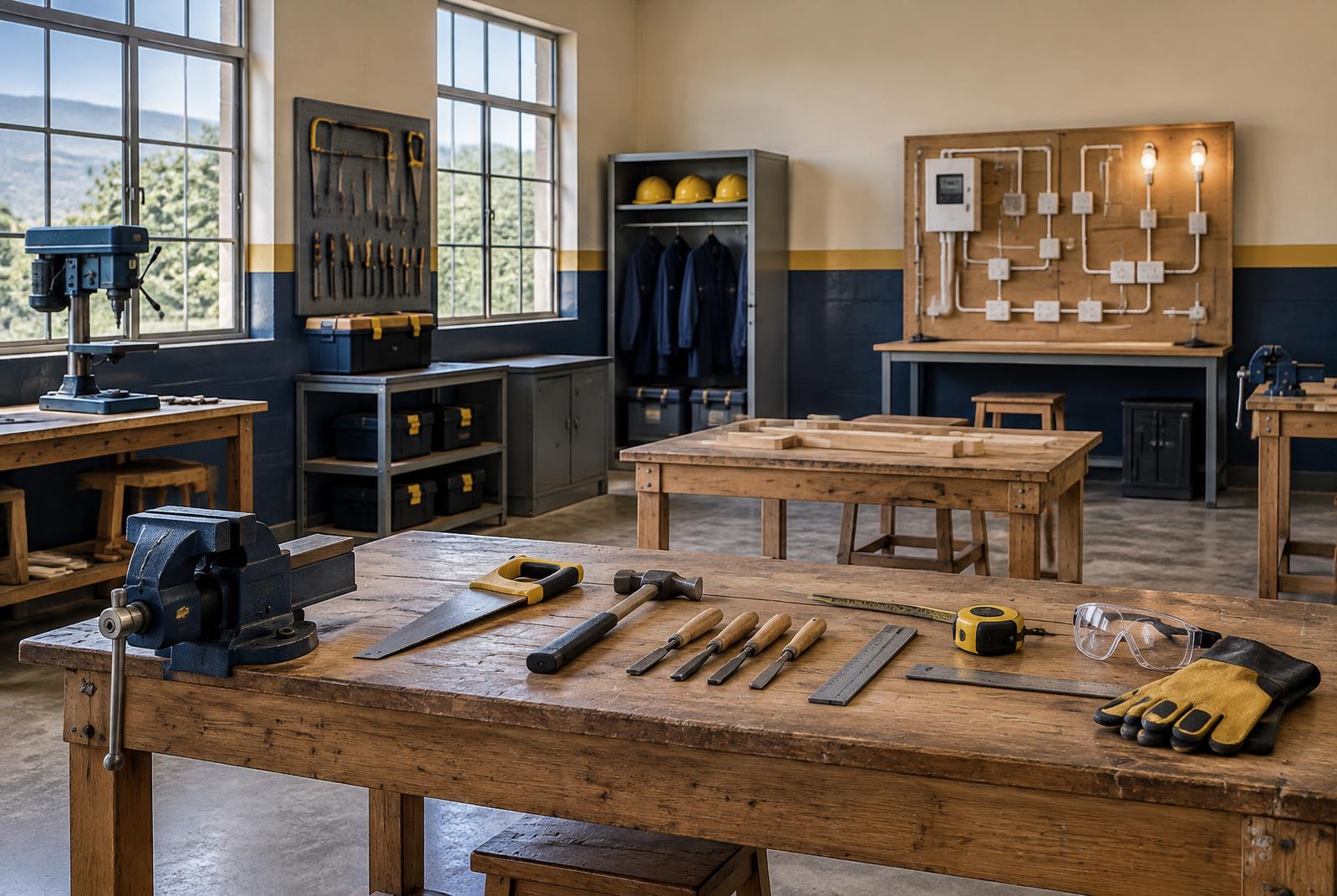 An empty vocational workshop with tools, workbenches and an electrical training board